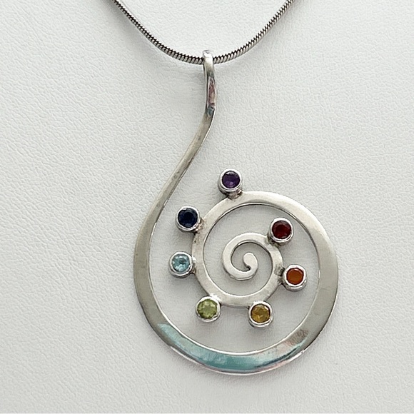 Multi Gemstone Seven Chakra Spiral Sterling Silver Necklace - Picture 5 of 8